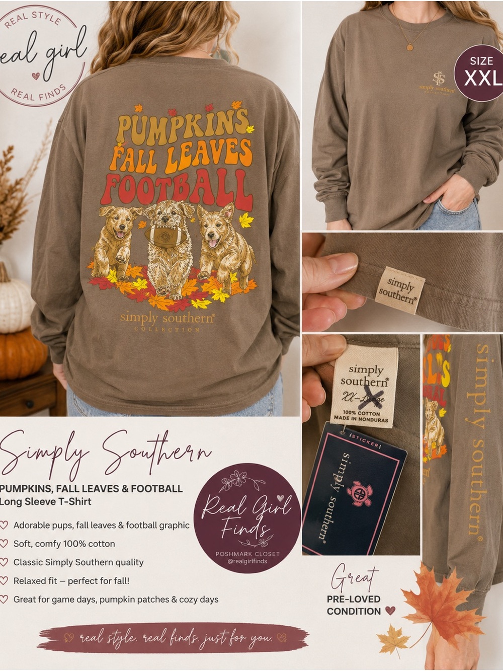 Simply Southern Brown Long Sleeve Tee with Autumn Pups Graphic